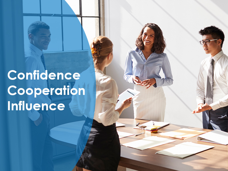 A group diverse people standing and talking around the table with the words confidence, cooperation and influence written next them representing communication skills training