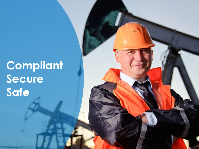 A safety and health representative wearing a hard hat standing at a mining site and the words Complaint, Secure, Safe written next to them representing Safety training