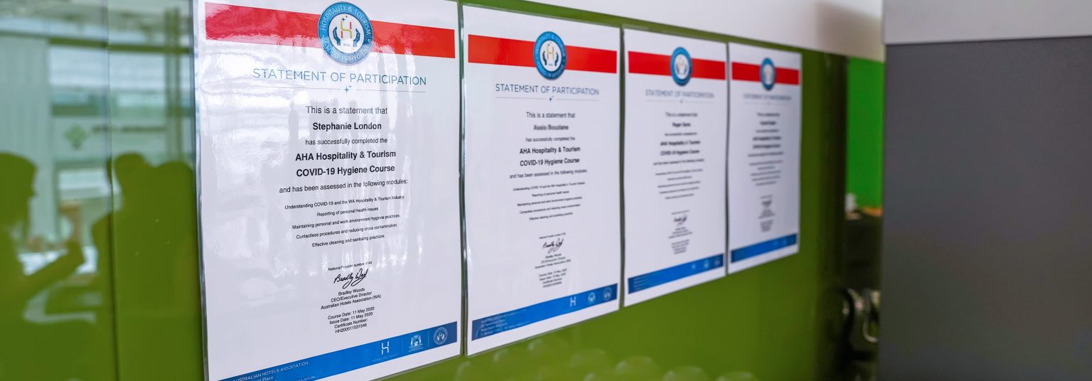 Four COVID-19 Hygiene Course Certificates completed by ATI-Mirage staff